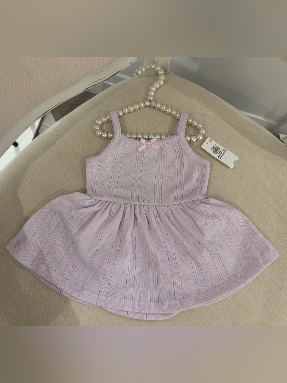 🤍 3~6 Mth Lavender Pointelle Knit Baby Dress with Heart Pattern NWT